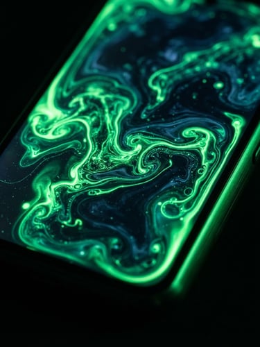 Moody tech photography, extreme macro close-up of a flagship Android device screen displaying a vibrant fluid animation, neon green edge light reflecting on dark glass and aluminum, 35mm lens.