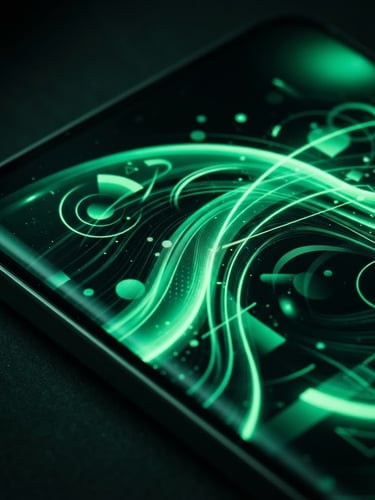 Extreme macro close-up of a modern Android flagship device screen showing fluid UI transitions, vibrant electric green screen reflections on dark glass and aluminum, moody low-key studio lighting, 35mm