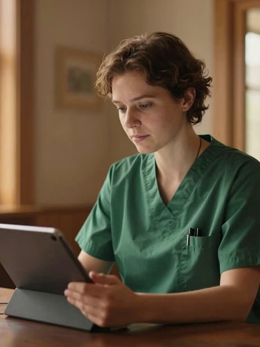 Soft-focus editorial portrait of a clinical educator in a warm, wood-paneled Scandinavian room, looking thoughtfully at a tablet screen, golden-hour window light, shallow depth of field.