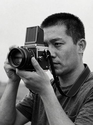 A candid, high-contrast black and white portrait of a photographer holding a medium-format camera, natural overcast daylight, gritty film grain, looking away from the camera.