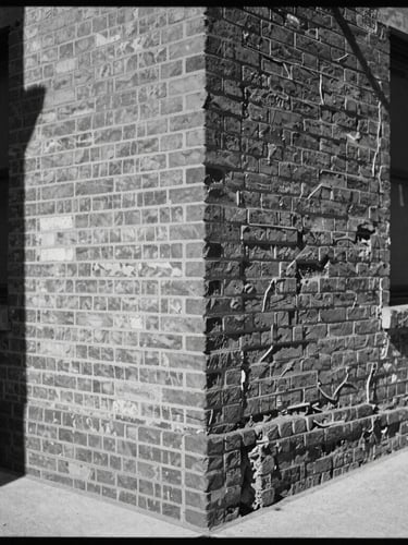 High-contrast monochrome medium-format photograph of a weathered brick corner in a shifting urban neighborhood, harsh midday shadows, visible film grain, unposed.