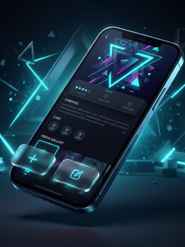 Sleek 3d isometric mobile app mockup showing a dark-mode movie detail page with glassmorphic buttons for Add to Watchlist and Log Diary, neon cyan accents, abstract geometric poster art