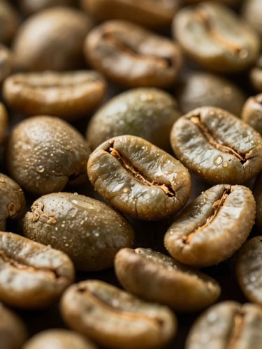 Macro shot of raw green coffee beans mixed with roasted beans, side-lit with dramatic golden hour light, highlighting texture and oil sheen.