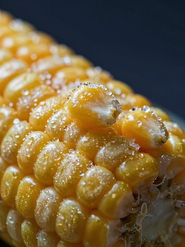 Macro close-up of individual quick frozen sweet corn kernels, glistening with frost crystals, dramatic side lighting against deep navy background