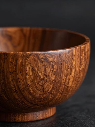 Dramatic close-up of a hand-carved teak decorative bowl, deep wood grain highlighted by warm side-lighting, dark atmospheric background.