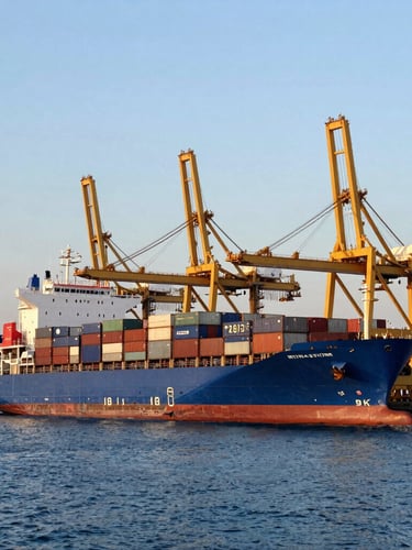 Dramatic wide angle shot of a massive blue container ship docked at a modern port during golden hour, deep blue water, towering gold-accented cranes in the background, clean composition.