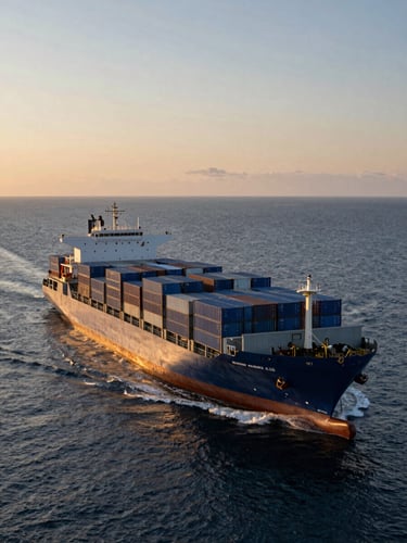 Wide golden hour shot of a modern cargo ship loaded with blue containers navigating calm deep ocean waters, expansive horizon, dramatic side-lighting.