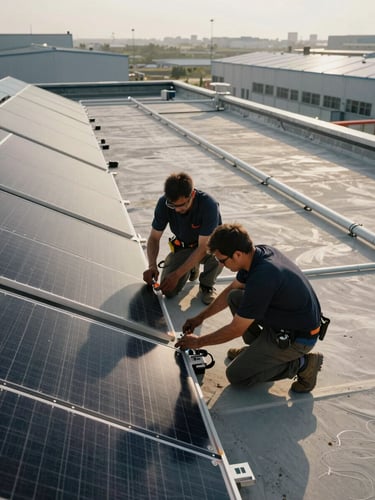 Close overhead view of an installation crew on a flat commercial rooftop, two workers kneeling to secure inverter mounting brackets to a completed row of panels, conduit runs visible across the rooftop surface, afternoon daylight, surrounding industrial rooftops visible at the horizon