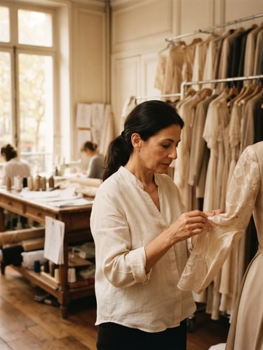 Elegant fashion atelier interior with warm window light, champagne and cream tones, racks of silk dresses and fine suits in soft focus, 35mm