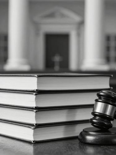 A wooden gavel resting next to a stack of open law books in a courtroom setting.
