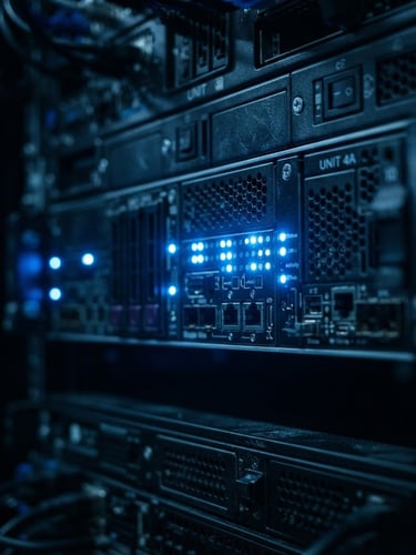 Macro close-up of dark server rack with glowing blue led indicators, minimalist tech architecture, sharp focus, 35mm