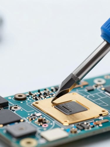 Macro shot of a high-precision screwdriver touching a gold-plated smartphone motherboard, bright clinical white light, shallow depth of field, blue accents.