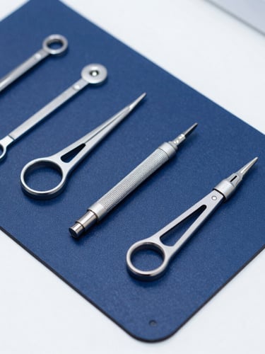 Overhead flat-lay of professional smartphone repair tools organized on a clean dark blue anti-static mat, clinical white lighting, precise and secure environment.