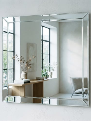Close-up of a modern frameless mirror with polished bevels, reflecting a minimalist interior, bright natural daylight, crisp reflections, cool tones.