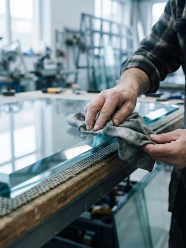 Close-up of an artisan's hands polishing the thick edge of a glass pane in a brightly lit workshop, emphasizing precision and reflections, cool tones.