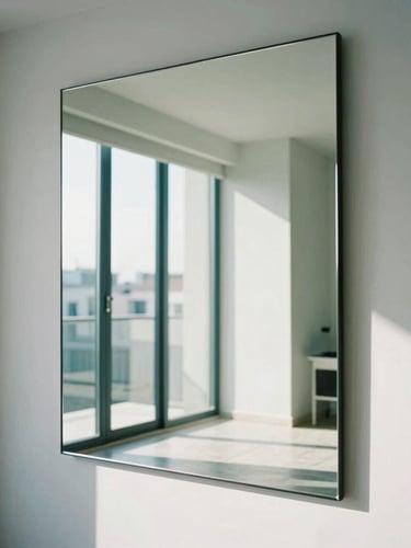 Architectural shot of a modern Argentine apartment interior with a large custom-cut mirror reflecting natural daylight, clean lines, cool tones, 35mm.