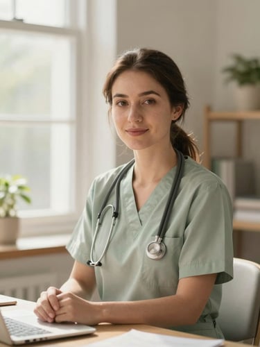A professional environmental portrait of a female midwife in a warm, sunlit home office, soft natural window light, sage and beige tones, shallow depth of field, 35mm