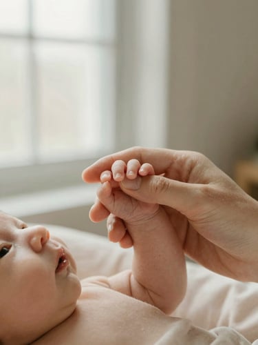 A close-up of a mother's hand gently cradling a newborn baby's tiny fingers, soft natural window light, warm beige tones, shallow depth of field