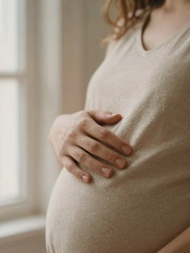 A close-up of a mother's hand gently resting on her pregnant belly, soft warm window light, natural beige tones, shallow depth of field, 35mm warm editorial photography