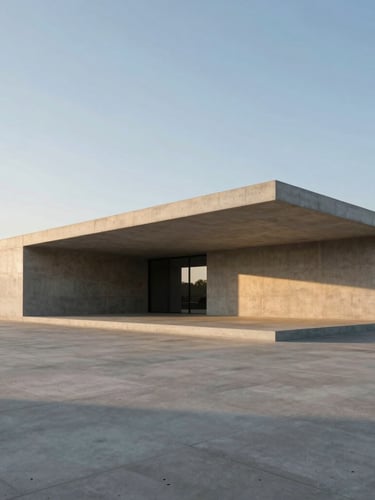 Strict one-point perspective exterior render of a minimalist concrete museum pavilion at golden hour, long sharp shadows, expansive negative space in sky