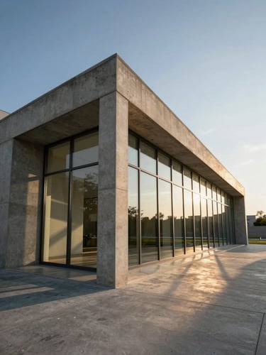 Low-angle one-point perspective of a concrete and glass pavilion at golden hour, sharp architectural lines, dramatic shadows, realistic physical materials.