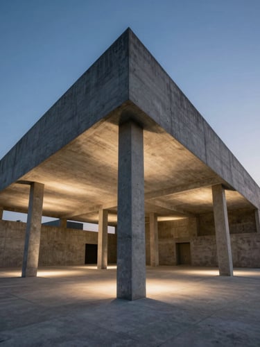 One-point perspective of a raw concrete museum pavilion at dusk, low-angle elevation, dramatic architectural uplighting casting long shadows on the structural joints.