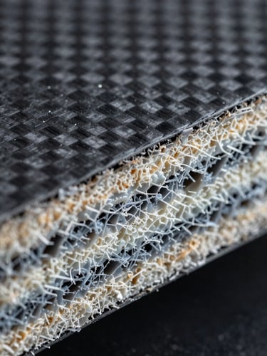 Extreme macro close-up of a cross-sectioned composite panel, showing layered carbon fibers and dense polymer matrix, high-contrast cool daylight, sharp focus on structural layers.