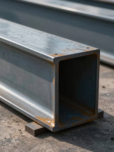 Cool-toned close-up of heavy structural steel beam edges showing precision cuts, natural daylight reflecting off industrial metal surfaces on the Beijing factory floor.