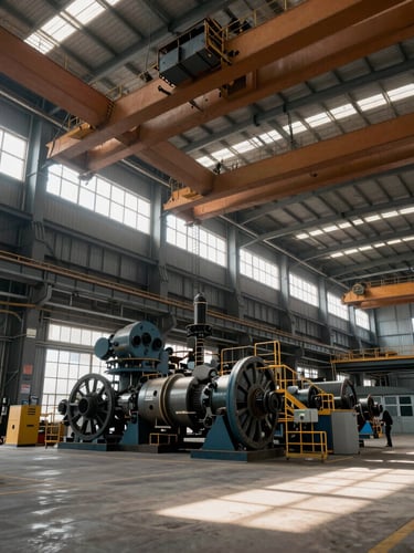 Wide-angle environmental shot of a massive steel manufacturing bay in Beijing, overhead cranes, industrial daylight filtering through high windows.