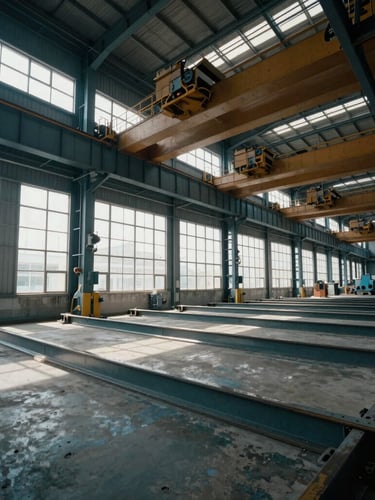 Wide-angle environmental shot of a massive Beijing manufacturing bay, overhead cranes on steel tracks, cool daylight filtering through high industrial windows, structural steel beams aligned on the floor.