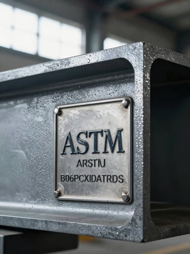 Macro close-up of a stamped ASTM certification plate on a finished structural steel beam, cool daylight filtering through factory windows, high contrast, industrial precision.