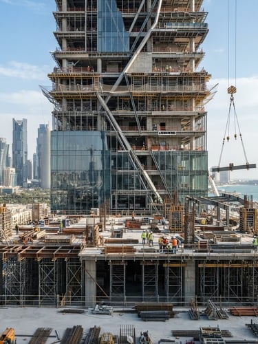 Architectural photography, sharp focus, high-end commercial building under construction in Doha, bright natural daylight, clean structured composition, 35mm lens