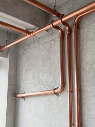 Close-up architectural photography of complex MEP installations, neatly organized copper piping and electrical conduits on a clean concrete wall, bright natural lighting, sharp focus, 35mm lens