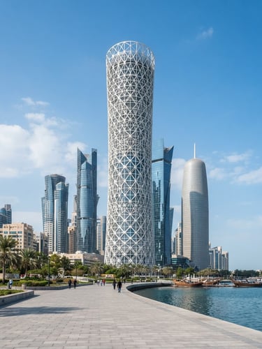Wide-angle architectural photograph of a modern commercial high-rise in West Bay Doha, sharp focus, clean lines, bright natural Qatari daylight, 35mm lens