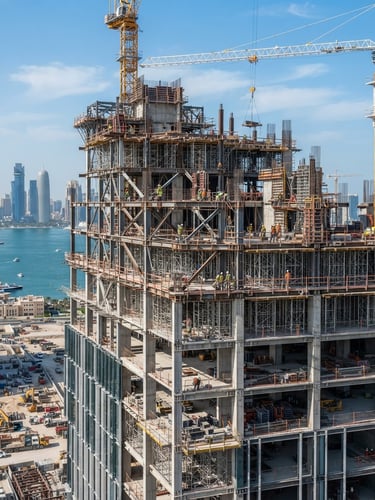 Architectural photography of a modern commercial high-rise building under construction in Doha, bright natural Qatari daylight, sharp focus on structural steel and concrete, 35mm lens