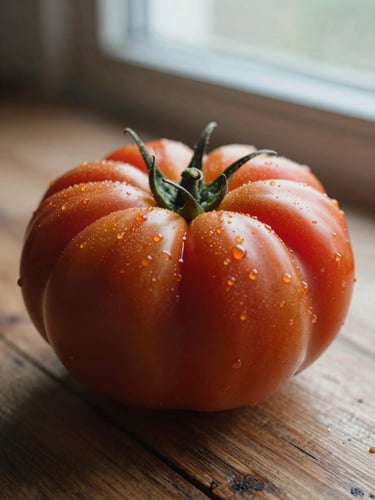 Tactile close-up of heirloom tomato textures resting on a rustic wooden surface, soft morning window light, earthy tones, 35mm photography