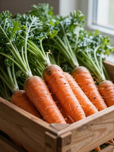 Tactile close-up of a wooden harvest crate overflowing with unwashed heirloom carrots and leafy greens, natural morning window light, rich earthy tones, 35mm