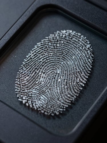 Extreme close-up of a biometric fingerprint sensor surface, cool studio light, sharp ridgeline detail visible in the sensor glass, dark charcoal background, no human hands visible — only the precision instrument itself