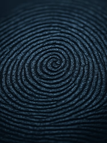 Extreme close-up of a fingerprint whorl under cool studio lighting, ridge detail rendered with forensic sharpness, dark neutral background, no human presence beyond the isolated print pattern