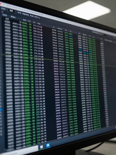 Wide close-up of an audit log interface on a dark monitor screen in a secure operations environment, rows of timestamped verification events rendered in monospaced type, cool even overhead light, no human figures, forensic clarity