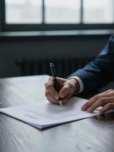 Close-up of hands signing documents on a dark oak table, soft overcast daylight filtering through a window, cool slate tones, editorial corporate photography style.