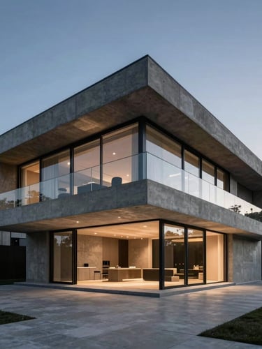 Cinematic wide architectural perspective of a modern luxury concrete villa at dusk, cool diffused lighting, sharp geometric lines, metallic reflections