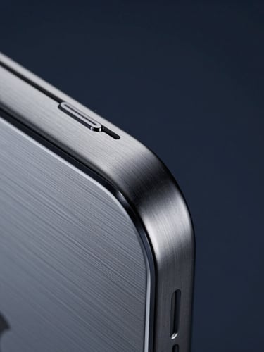 Macro close-up of brushed titanium Apple-grade hardware with subtle cool light reflections, architectural precision, cinematic depth of field