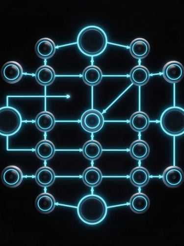 Symmetrical neon-cyan vector system diagram showing data flow nodes, high-contrast black background, self-illuminating lines
