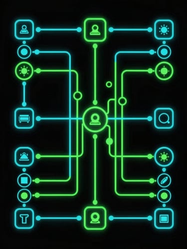Symmetrical high-contrast vector diagram of data nodes and API endpoints on a black background, glowing cyan and toxic green lines, macro view, technical schematic.