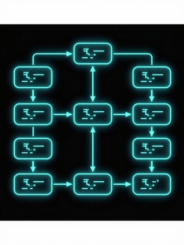 Symmetrical vector schematic of a state machine workflow, glowing neon cyan lines on pitch black background, clean code nodes, high-contrast, technical visualization