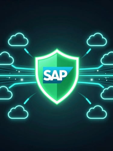 Symmetrical vector diagram showing neon cyan data streams flowing from cloud icons into a central glowing green shield representing SAP core database, dark background.