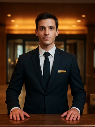 Portrait-framed shot of a young hotel professional in formal uniform standing at a hotel front desk, confident posture, bright lobby light, registration counter visible, warm tungsten ceiling glow