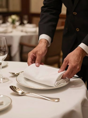 Close-up of a hotel staff member's hands setting a formal dining table — folding a white linen napkin beside polished silverware under warm tungsten light, a blurred hotel dining room in the background