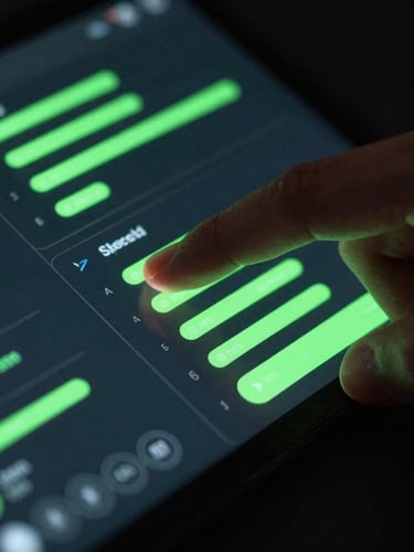 Extreme close-up of a hand tapping a high-refresh-rate Android screen displaying fluid neon green UI wireframes, dark-mode ambient lighting, 35mm.